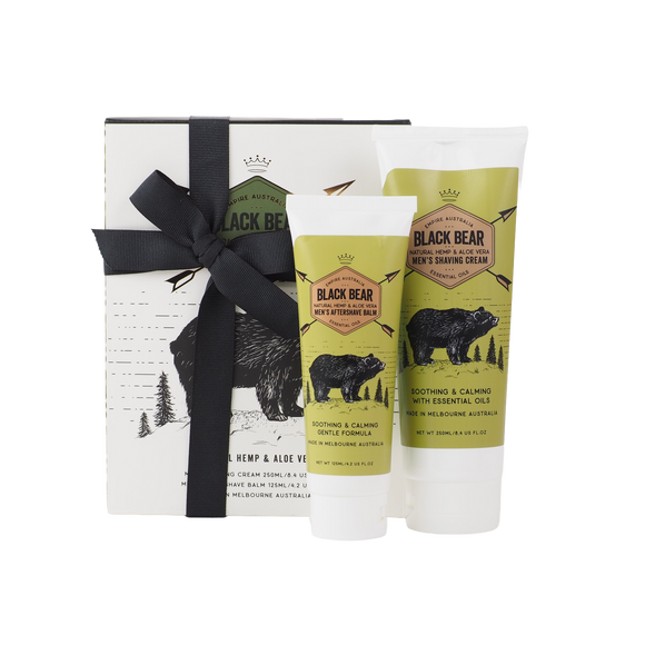 No fuss Personal Care for Men - Black Bear shaving Kit is the perfect duo for a comfortable, smooth shave while protecting your skin, help Guard against irritation and discomfort with extracts of Aloe Vera &amp; Natural Hemp.

Mens Aftershave Balm - Soothing &amp; Calming gentle formula -125ml
Mens Shaving Cream - Soothing &amp; Calming with essential Oils -250ml