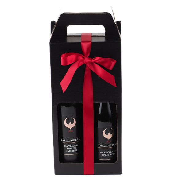 The NZ wine duo for Christmas -&nbsp; features 2 bottles of Marlborough Falcon head Estate wines, elegantly wrapped with satin &amp; trimmed with a Christmas tag. A Classic gift for all occasions&nbsp; - A Choice of Red or White Wine Duo