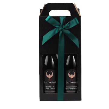 The NZ wine duo for Christmas -&nbsp; features 2 bottles of Marlborough Falcon head Estate wines, elegantly wrapped with satin &amp; trimmed with a Christmas tag. A Classic gift for all occasions&nbsp; - A Choice of Red or White Wine Duo