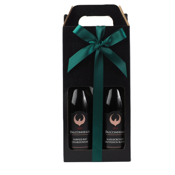 The NZ wine duo for Christmas -&nbsp; features 2 bottles of Marlborough Falcon head Estate wines, elegantly wrapped with satin &amp; trimmed with a Christmas tag. A Classic gift for all occasions&nbsp; - A Choice of Red or White Wine Duo
