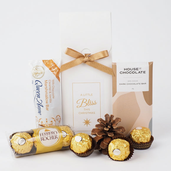The perfect little Christmas gift to say thankyou, show your appreciation or add something special to a larger gift.

A thoughtful touch of luxury, beautifully presented and ready to gift a Little bliss This Christmas!

House of Chocolate - chocolate Bar - 40g
Ferrero Rocher - 50g
Queen Anne Marshmallow Bar -55g