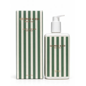 George and Edi Lightly Perfume Body Milk -500ml
FIG -  A luxurious Body Milk enriched with Sweet Almond Oil, Shea Butter, Aloe Vera and Hyaluronic Acid. Blended with nourishing botanical oils to deeply hydrate and soften the skin, it absorbs effortlessly, leaving skin delicately fragranced and beautifully moisturised.

FIG - Plump ripe figs with bittersweet green leaves and notes of blackcurrant create a hint of the Mediterranean on a scorching afternoon.

Nourishing. Softening. Indulgent
